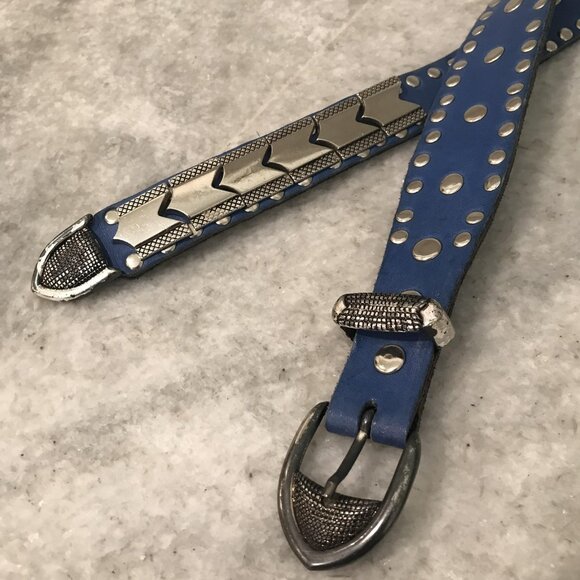 Studded Belt Womens Small Medium Blue Western Concho Buckle Silver Tone Grommet - Picture 4 of 8